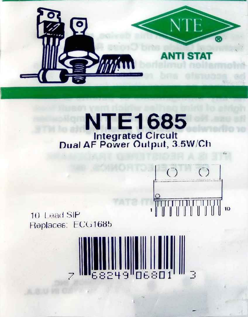 NTE1685 Integrated Circuit, Dual AF Power Output, 3.5W/CH NTE