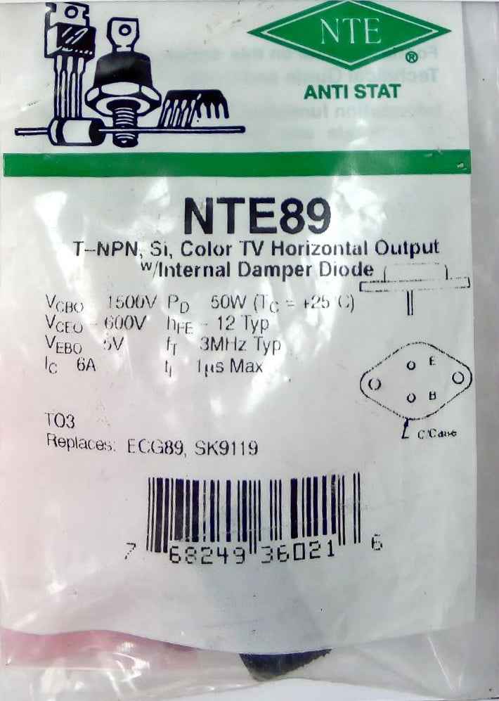 NTE89 Internal Damper Diode, Color TV Horizontal Output, Si, T-NPN NTE