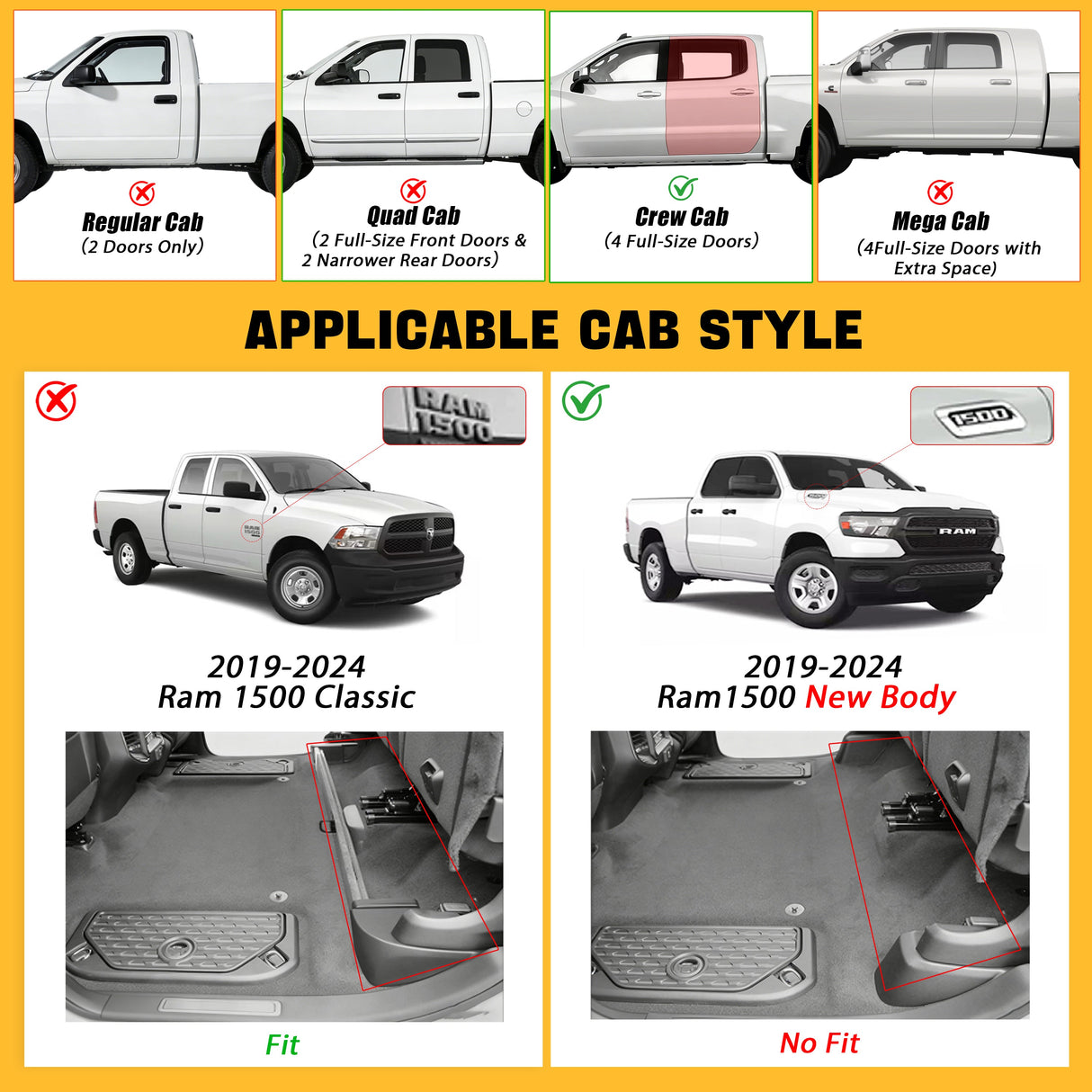 Trucktok 2019-2024 Dodge Ram 1500 New Body Crew Cab with Storage Box All-Weather Floor Mats TruckTok