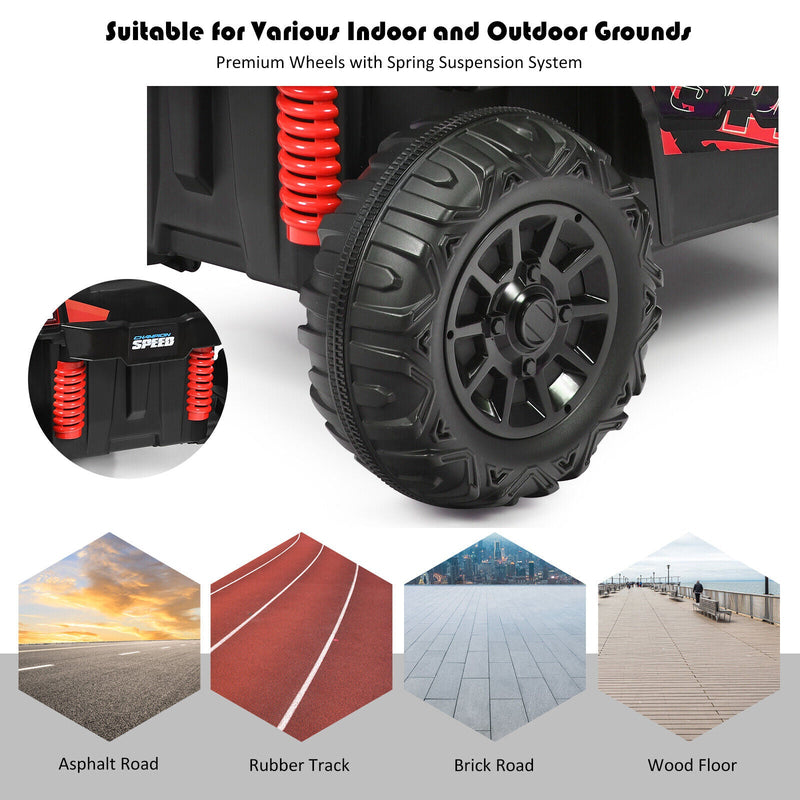 Adventure-Ready 12V Off-Road UTV Truck for Kids with RC Control, MP3 Player, and Lights - Red