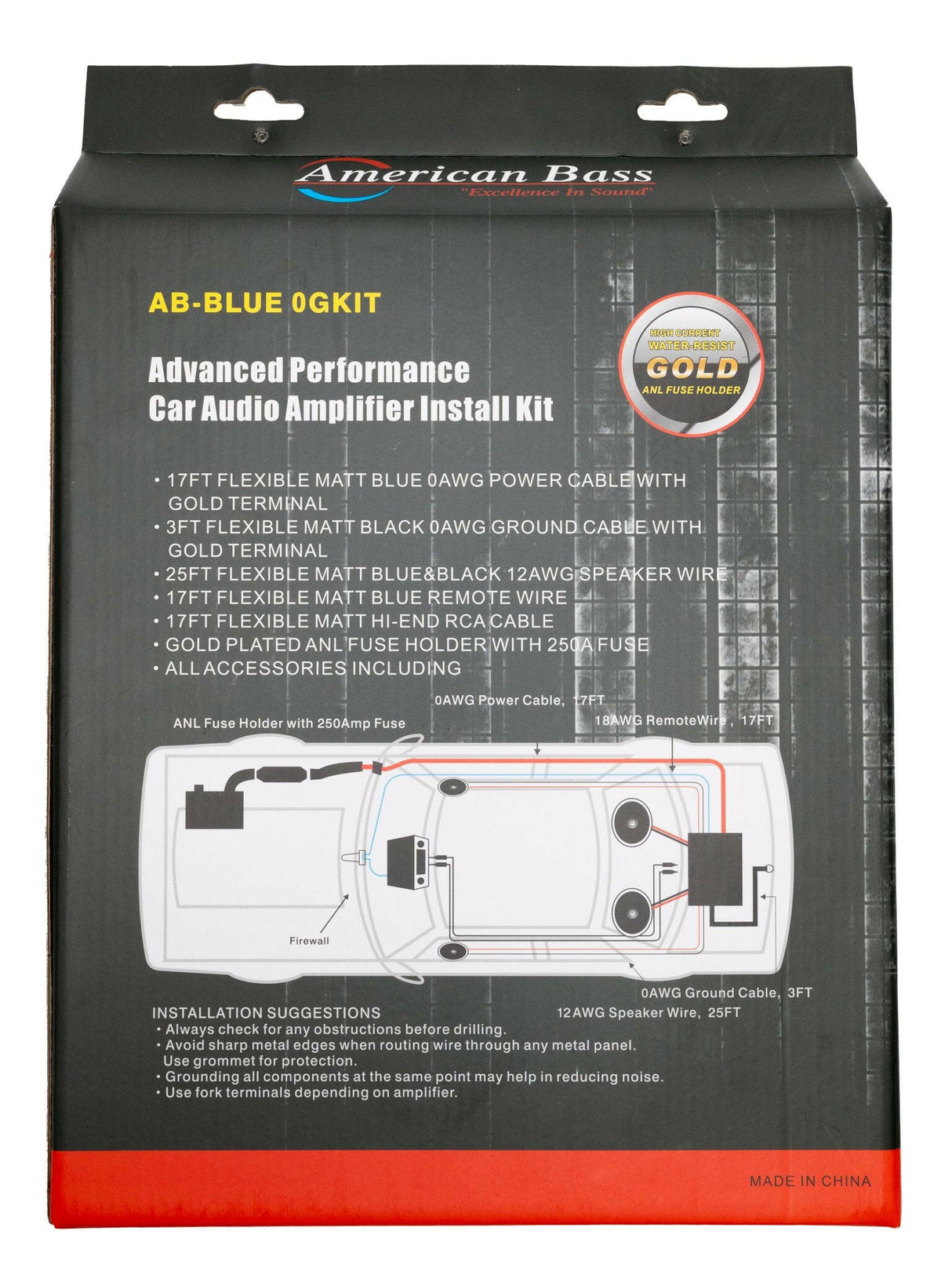 American Bass 0 Gauge Complete CCA (Copper Clad Aluminum) Amplifier Wiring Kit - Car Audio Amp Install Kit with Power, Ground & RCA Cables