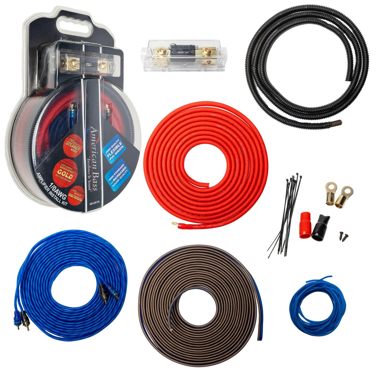 American Bass 0 Gauge Complete CCA (Copper Clad Aluminum) Amplifier Wiring Kit - Car Audio Amp Install Kit with Power, Ground & RCA Cables