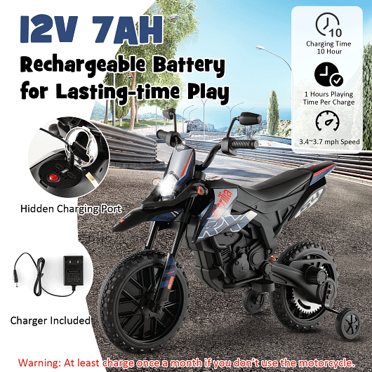 Aprilia Licensed Kids Ride On Motorcycle with 2 Training Wheels in Navy Blue