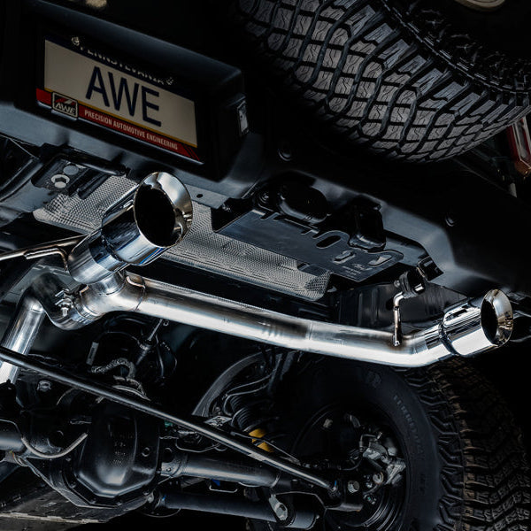 AWE Tuning 0FG Dual Rear Exit Exhaust with Chrome Silver Tips and BashGuard | 2021+ Ford Bronco