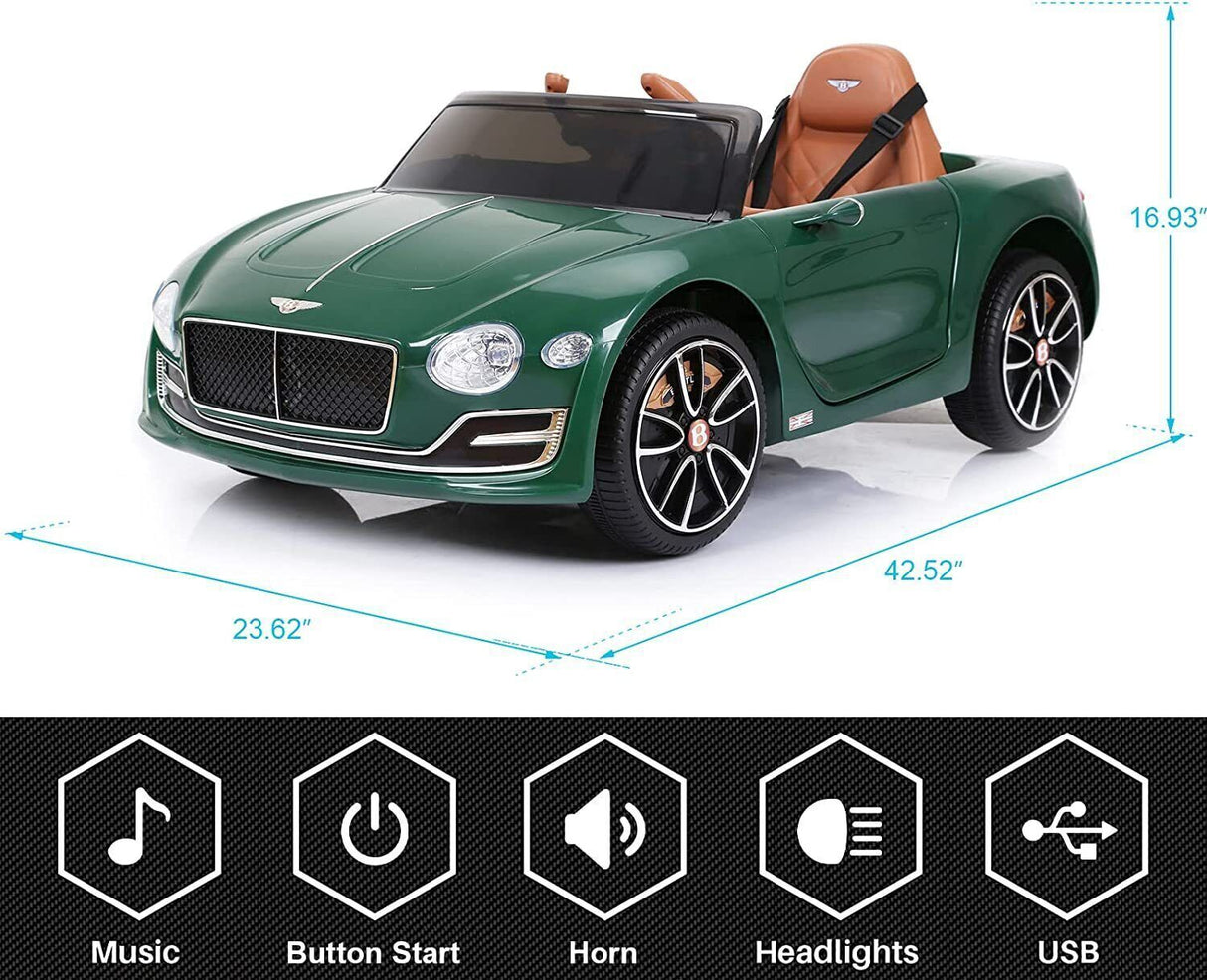 Bentley Style 12V Electric Ride-On Toy Car with Remote Control and LED Lights - Green