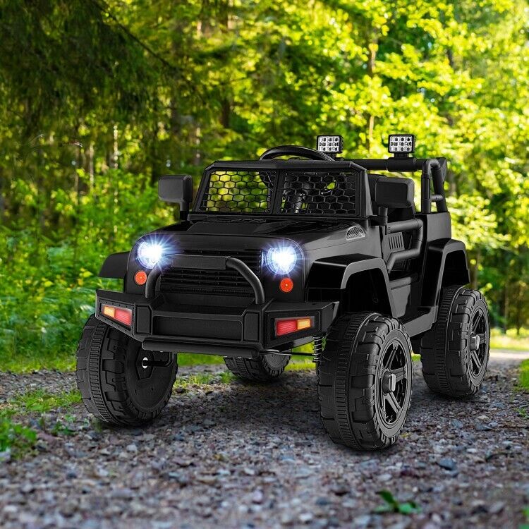 Black 12V Kids Ride On Truck with Remote Control, Music, and Lights