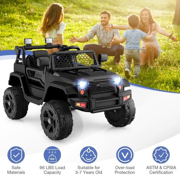 Black 12V Kids Ride On Truck with Remote Control, Music, and Lights