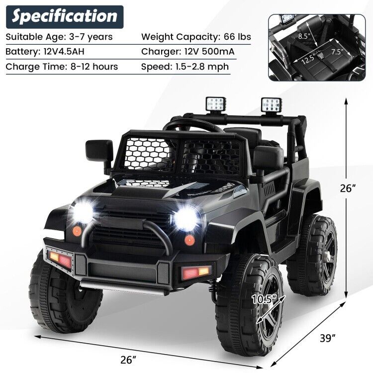 Black 12V Kids Ride On Truck with Remote Control, Music, and Lights
