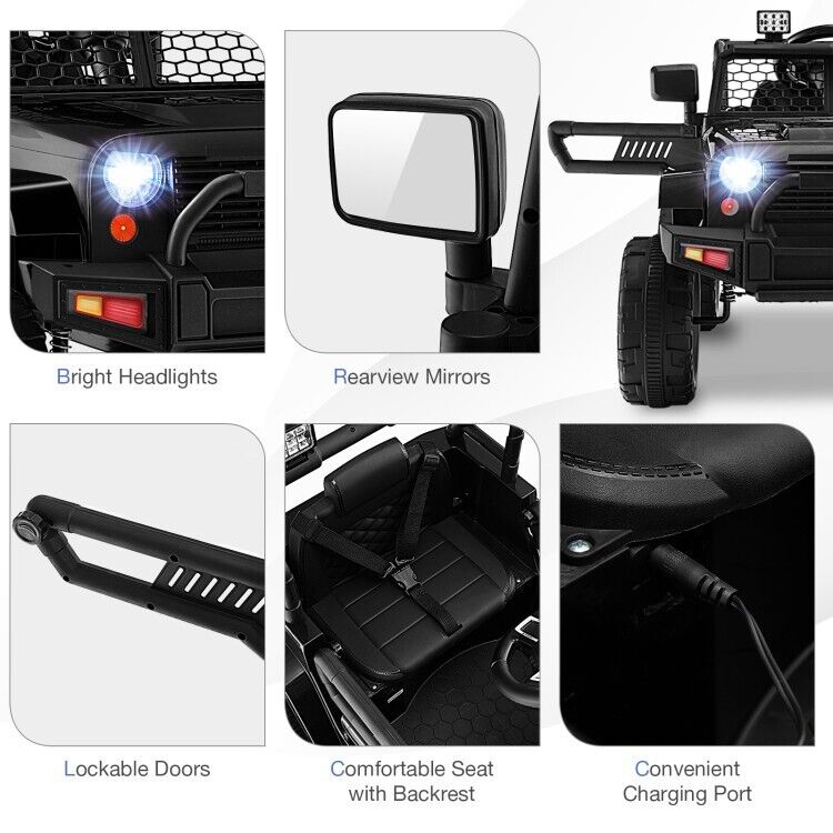 Black 12V Kids Ride On Truck with Remote Control, Music, and Lights