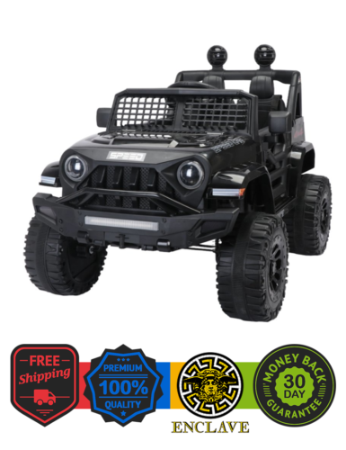 Black 12V Ride-On Truck for Kids with Remote Control, LED Lights, and Safety Belt