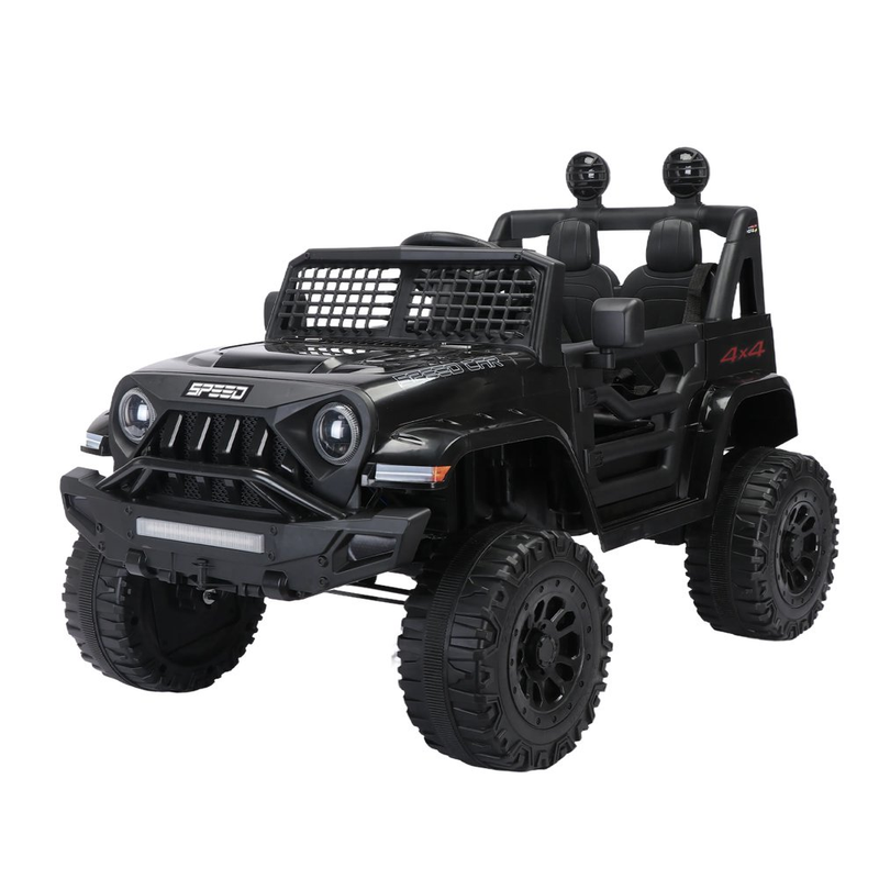 Black 12V Ride-On Truck for Kids with Remote Control, LED Lights, and Safety Belt