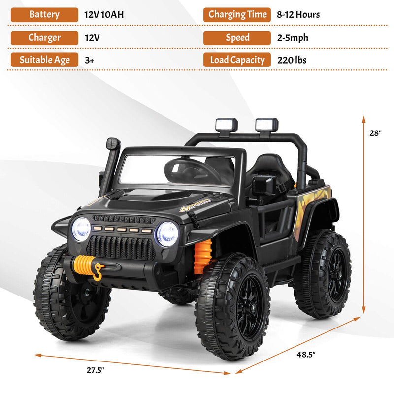 Black Parent-Child Ride On Truck Car with Remote Control, LED Lights, and Music - 12V 10AH