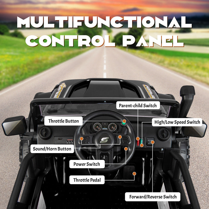 Black Parent-Child Ride On Truck Car with Remote Control, LED Lights, and Music - 12V 10AH