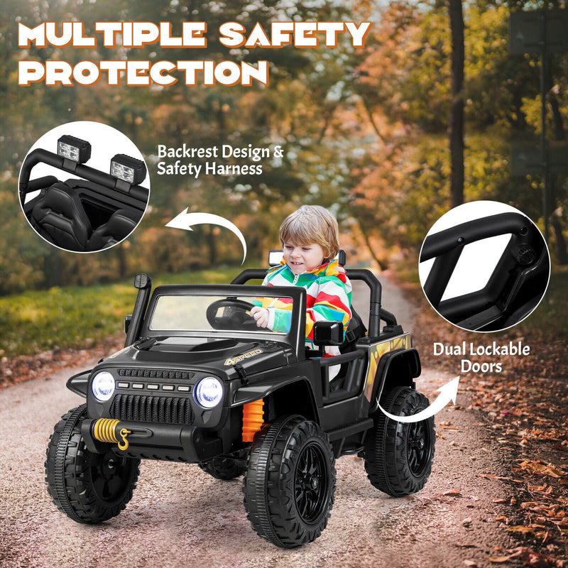 Black Parent-Child Ride On Truck Car with Remote Control, LED Lights, and Music - 12V 10AH