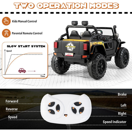 Black Parent-Child Ride On Truck Car with Remote Control, LED Lights, and Music - 12V 10AH