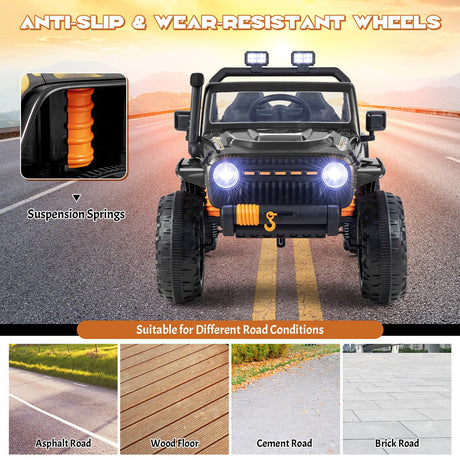 Black Parent-Child Ride On Truck Car with Remote Control, Music, and LED Lights - 12V 10AH