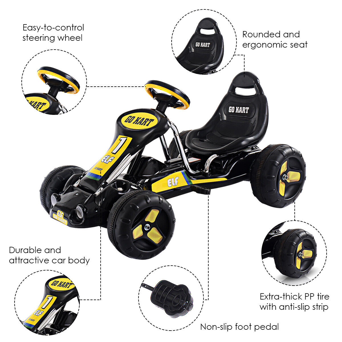 Black Pedal-Powered Go Kart for Kids - 4 Wheel Racer Toy with Joyful Ride Experience