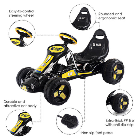 Black Pedal-Powered Go Kart for Kids - 4 Wheel Racer Toy with Joyful Ride Experience