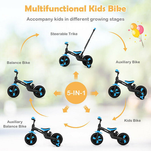 Blue 5-in-1 Kids Bike with Detachable Push Handle for Versatile Fun