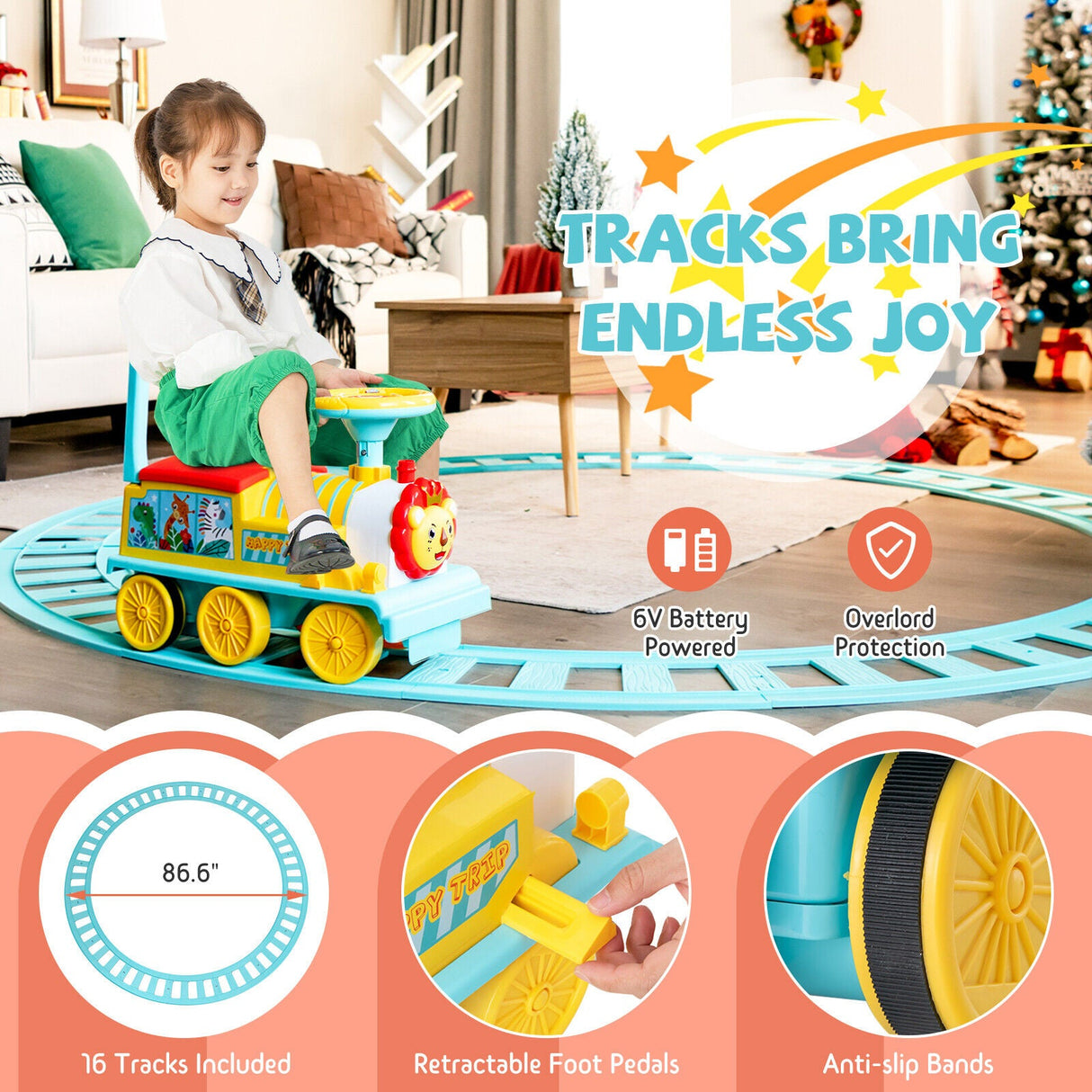 Blue Electric Kids Train Toy with Unique Design & Stickers - 6V Motorized Ride-On