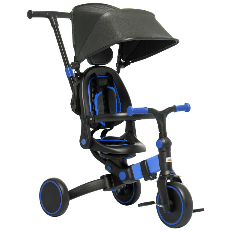 Blue Qaba Toddler Tricycle with Adjustable Push Handle and Durable Aluminum Frame