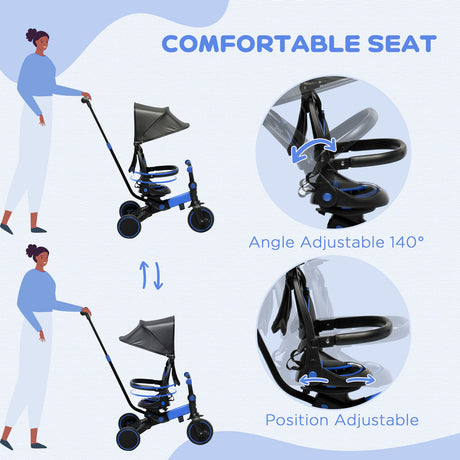 Blue Qaba Toddler Tricycle with Adjustable Push Handle and Durable Aluminum Frame