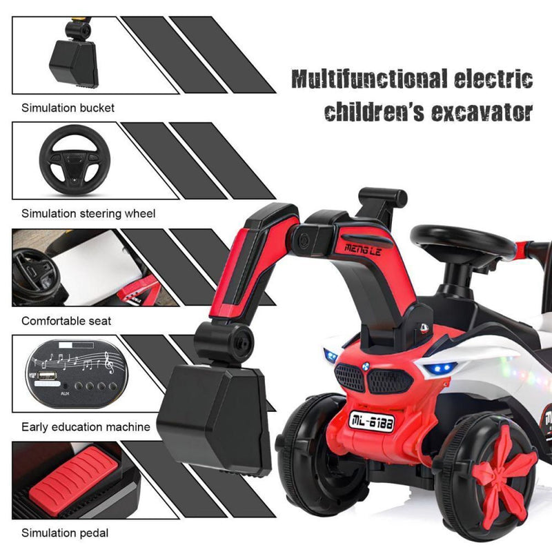 Bluetooth-Enabled Electric Excavator Toy Car for Kids with Helmet and Rear Scoop Attachment