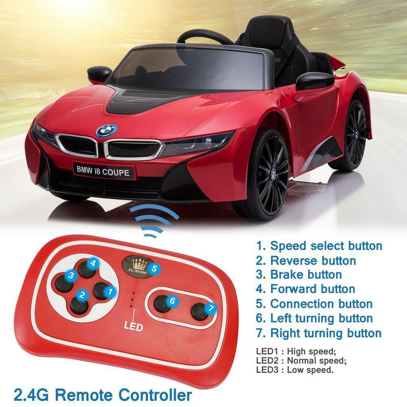 BMW I8 12V Ride-On Car with Remote Control, MP3 Player, Horn, and LED Lights