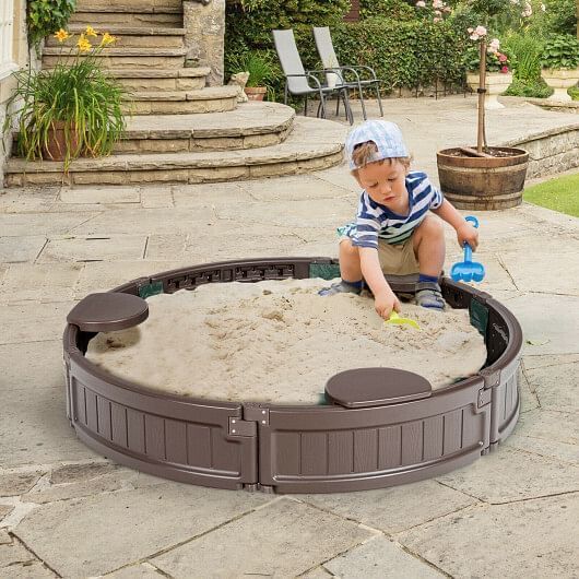 Brown Corner Seat Sandbox with Convenient Built-in Cover