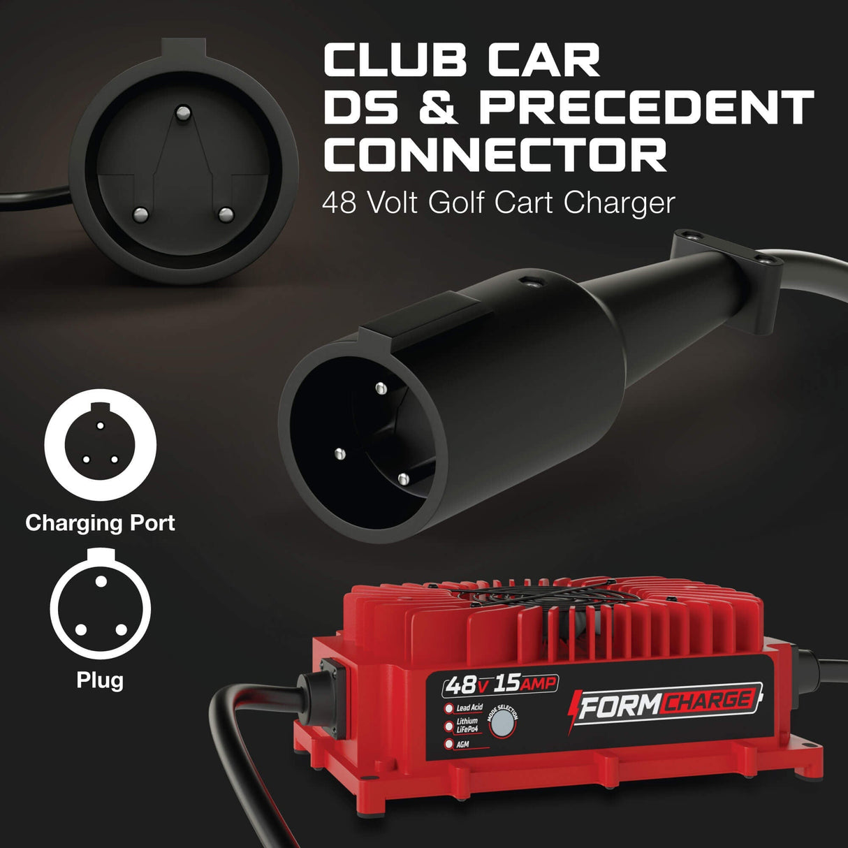 Club Car 48V Golf Cart Charger - Precedent & DS - 48V 15A Lithium, LiFePO4, Lead Acid, AGM FORM Charge