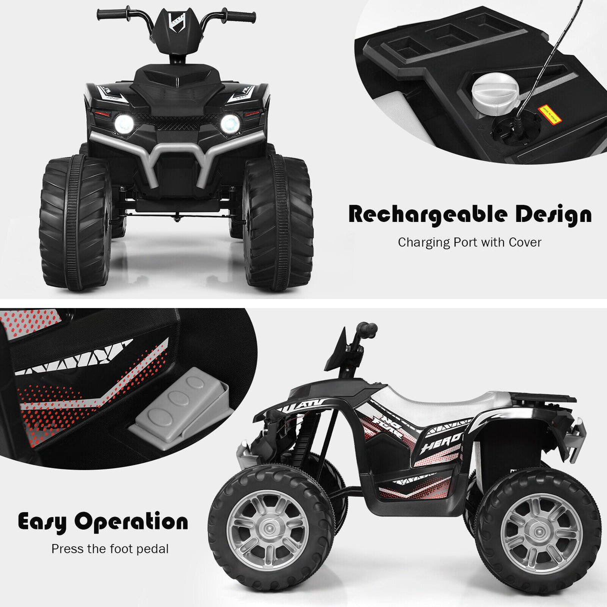 Costway 12V Kids ATV Quad Ride On Car with LED Light & Music - Black