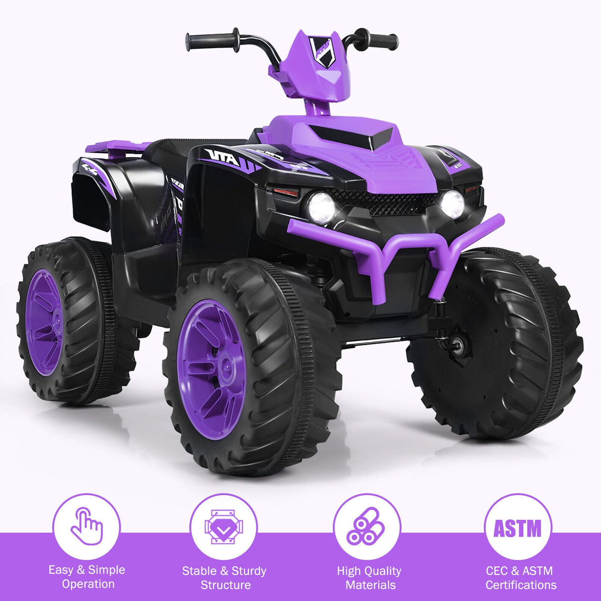 Costway 12V Kids ATV Quad Ride On Car with LED Light & Music - Purple