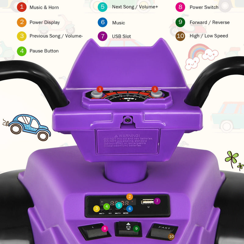 Costway 12V Kids ATV Quad Ride On Car with LED Light & Music - Purple
