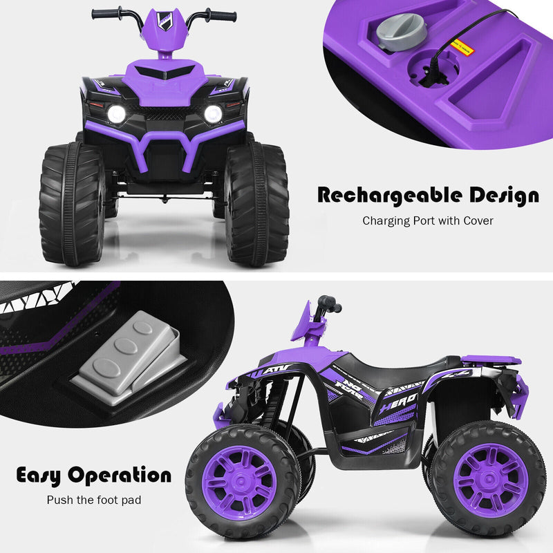 Costway 12V Kids ATV Quad Ride On Car with LED Light & Music - Purple