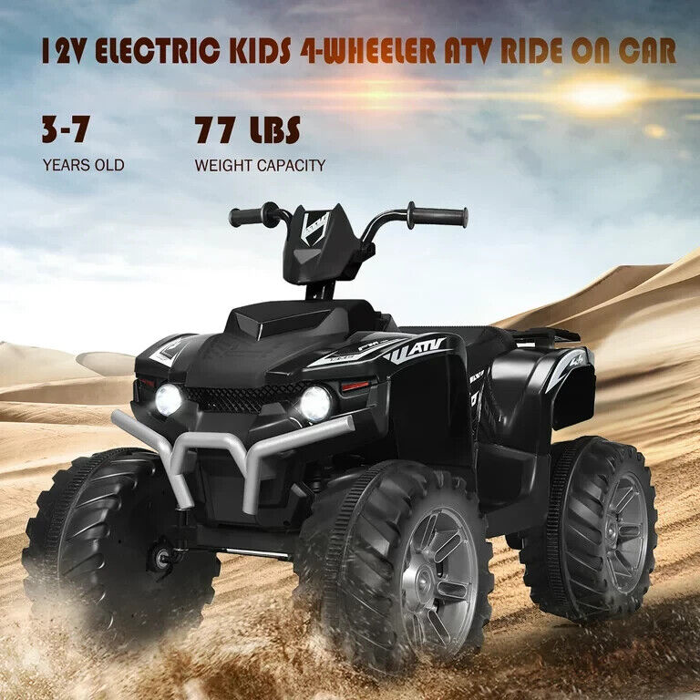 Costway 12V Kids ATV Quad Ride On Car with LED Lights, Music, and USB - Black