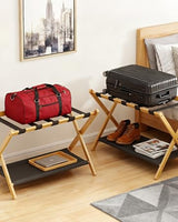 2 Pack Bamboo Luggage Rack with Lower Fabric Storage Shelf