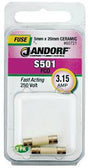 Jandorf Fast Acting 250 Volt 3.15 Amp Fuse #60721 Jandorf