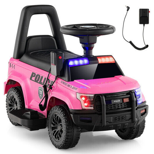 Dur6V Kids Police Car with Real Megaphone and Flashing Lights-Pink