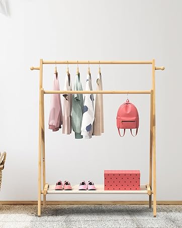 2 Pack Bamboo Luggage Rack with Lower Fabric Storage Shelf