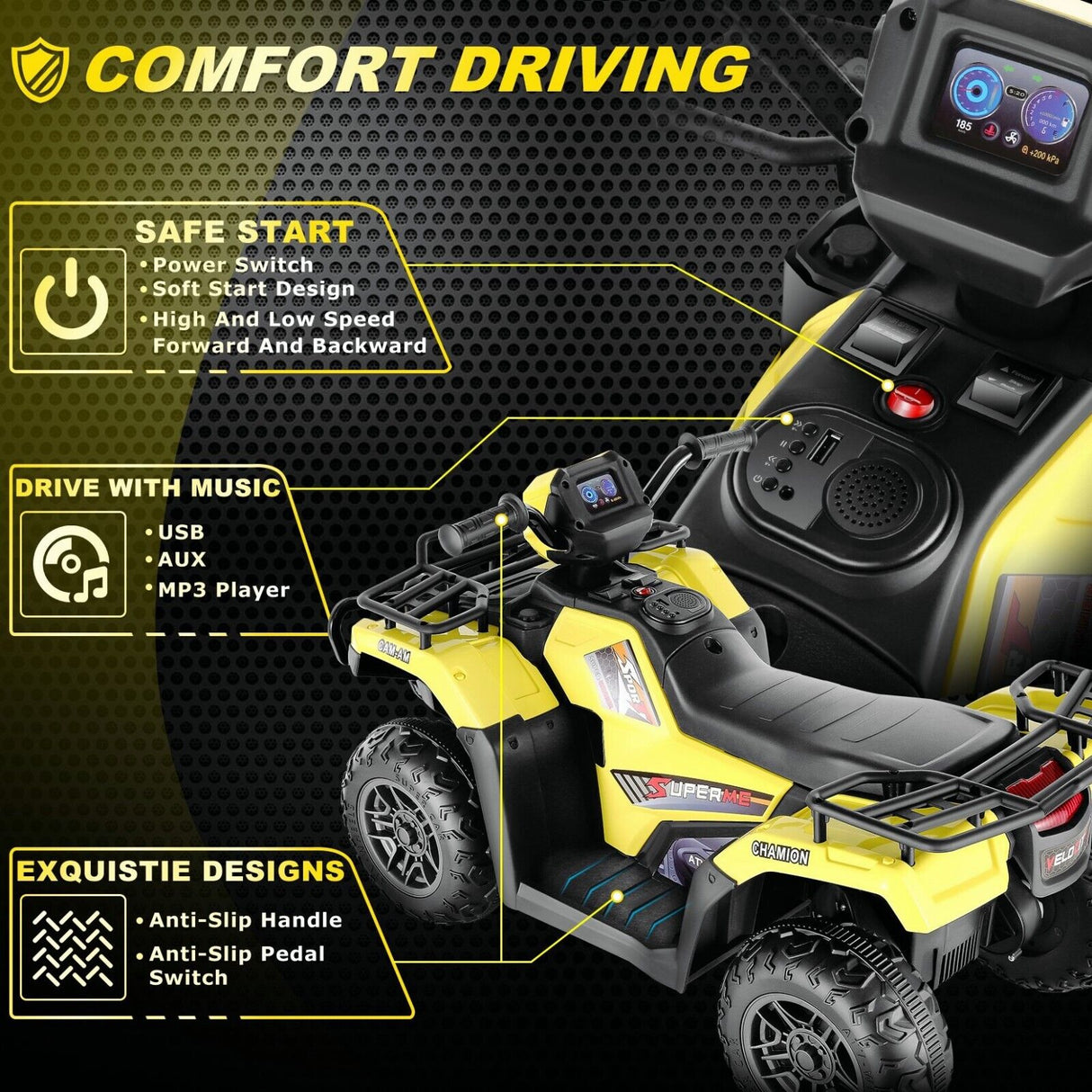 Electric 4-Wheeler Quad Car for Kids with MP3 & Light - 12V Battery Powered