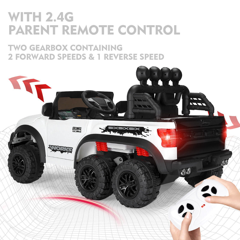 Electric 12V Kids Ride On Pickup Truck with MP3, LED Lights, and 6 Wheels in White and Pink