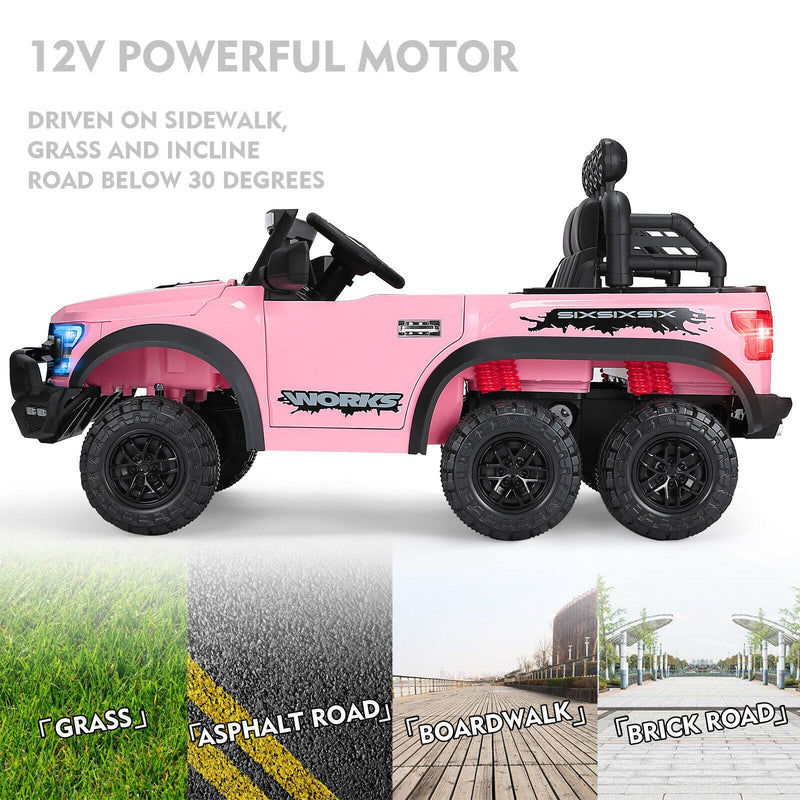 Electric 12V Kids Ride On Pickup Truck with MP3, LED Lights, and 6 Wheels in White and Pink