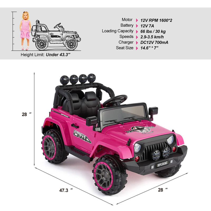 Electric 12V Pink Kids Ride On Jeep with USB, LED, Bluetooth, and RC Control