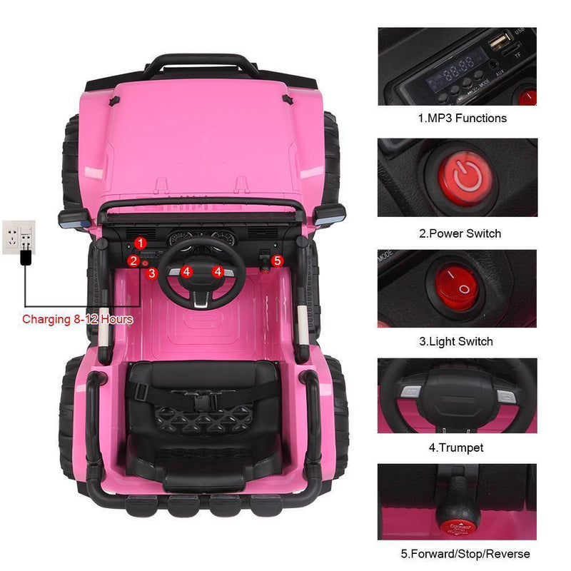 Electric 12V Rechargeable Truck Car with 4 Pink Wheels and 3.7mph Max Speed
