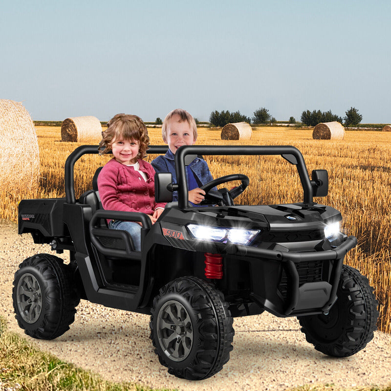Electric 2 Seater UTV Dump Truck with Remote Control, Dump Bed, and Shovel - Black