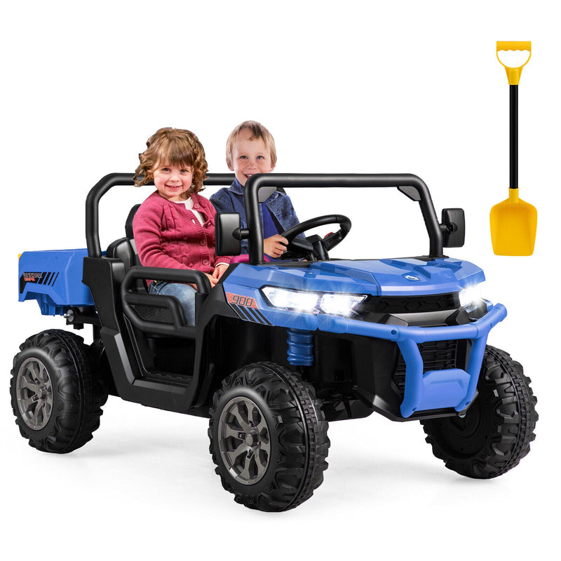 Electric 2 Seater UTV Dump Truck with Remote Control, Dump Bed, and Shovel - Blue