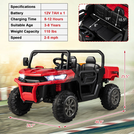 Electric 2 Seater UTV Dump Truck with Remote Control, Dump Bed, and Shovel - Red
