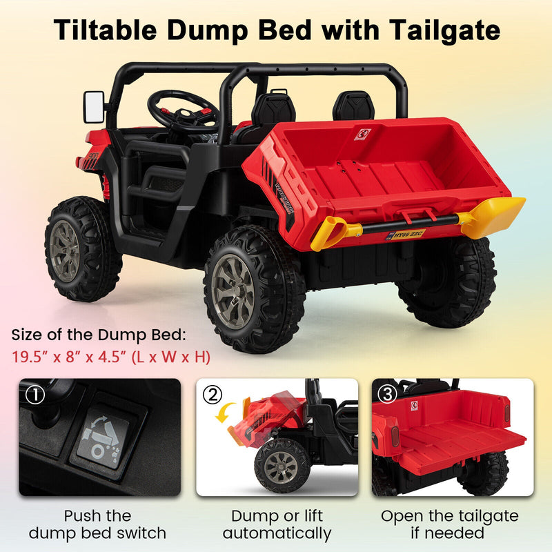Electric 2 Seater UTV Dump Truck with Remote Control, Dump Bed, and Shovel - Red