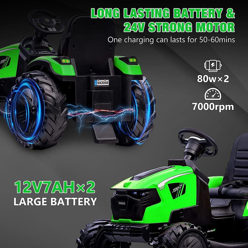 Electric 24V Tractor with Trailer and LED Music - 3-in-1 Kid Ride On Excavator Bulldozer