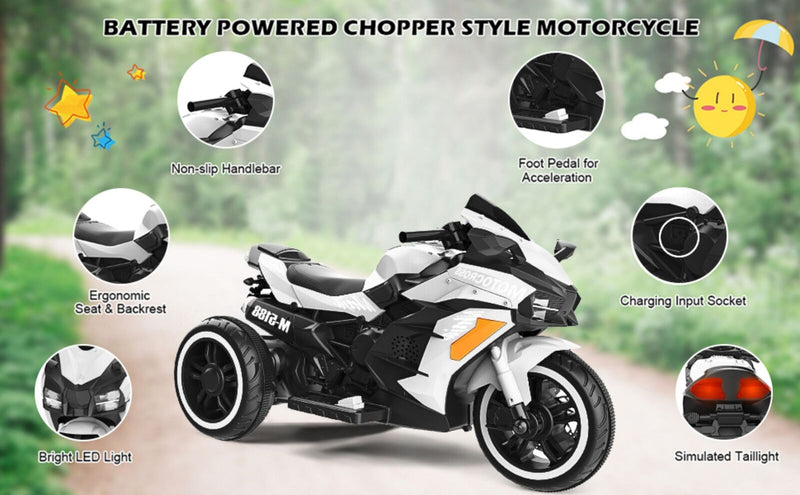 Electric 3-Wheel Kids Motorcycle with Rechargeable Battery - White